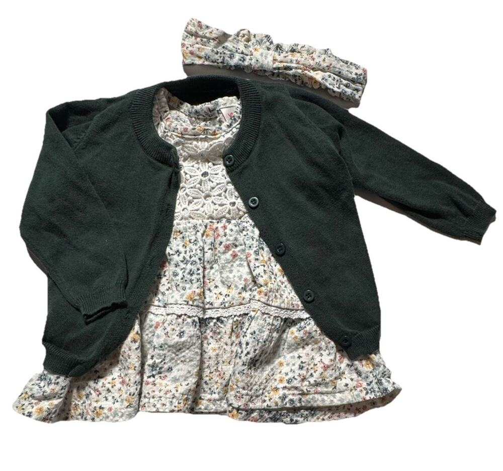 Little Lass Girls 18M 3 Pc Floral Dress Green Cardigan Headband Set Cotton